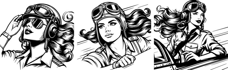 airplane pilot pinup woman retro style, black vector nocolor silhouette, pin up girl vintage monochrome clipart illustration, laser cutting engraving old style
