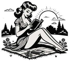 reads a book pinup woman retro style, black vector nocolor silhouette, pin up girl vintage monochrome clipart illustration, laser cutting engraving old style