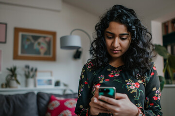Serious Concerned Focused Indian Woman Looking at and Using Smartphone