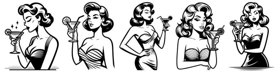 drinking pinup woman retro style, black vector nocolor silhouette, pin up girl vintage monochrome clipart illustration, laser cutting engraving old style