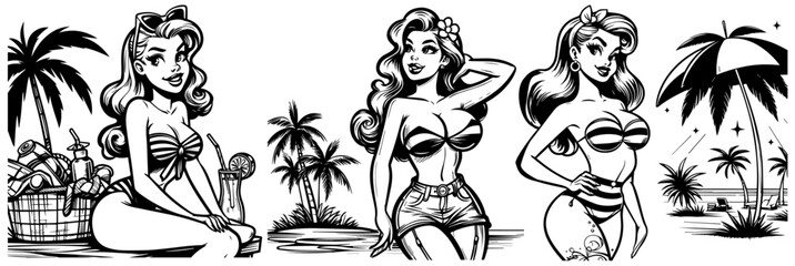 bikini pinup woman retro style, black vector nocolor silhouette, pin up girl vintage monochrome clipart illustration, laser cutting engraving old style
