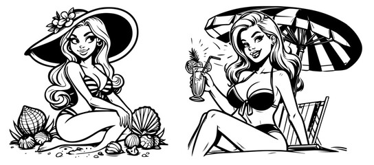 bikini beach pinup woman retro style, black vector nocolor silhouette, pin up girl vintage monochrome clipart illustration, laser cutting engraving old style
