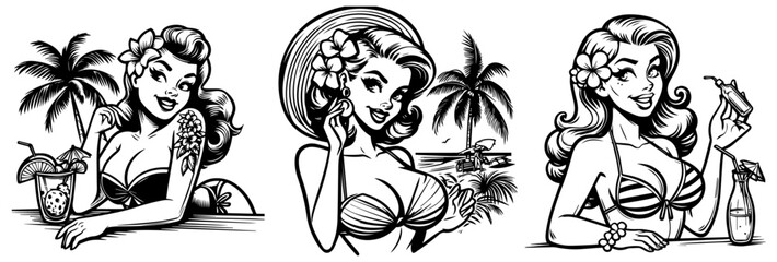 on the beach pinup woman retro style, black vector nocolor silhouette, pin up girl vintage monochrome clipart illustration, laser cutting engraving old style - obrazy, fototapety, plakaty