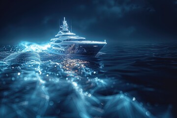 Yachting Adventure Digital 3D Polygon Illustration of a Sleek Yacht Cruising on Dark Blue Waters,...