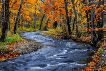 A peaceful autumn landscape with a winding river flowing through colorful trees.