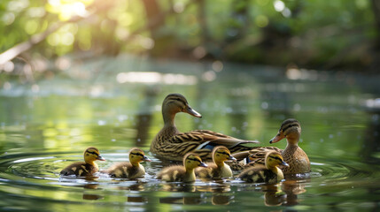 A group of fluffy baby ducks following their mother through a peaceful forest pond, creating gentle ripples on the water's surface.