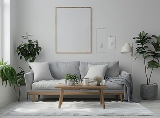 Modern living room interior with a grey sofa, wooden coffee table and white carpet on the floor