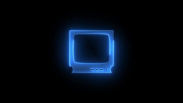 Television receiver icon glowing neon blue color animation black background