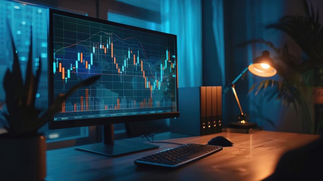 Modern Office Setup, Desktop Computer with Stock Market Candlestick Chart