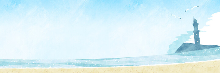 夏の海の水彩バナー背景 砂浜と青空のビーチの風景イラスト