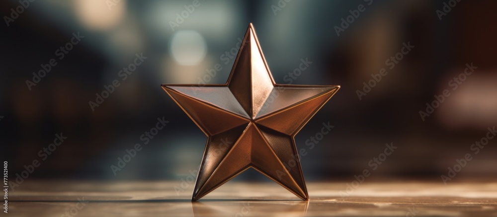 Poster star-shaped metallic object placed on a wooden table with a blurred background in soft focus