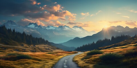 Landscape with mountains and road at sunset. - obrazy, fototapety, plakaty