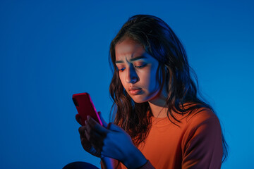 Serious Concerned Focused Woman Looking at and Using Smartphone with Blue Background
