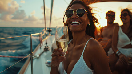 Sea Voyage Celebration, Friends Toasting with Champagne on Yacht