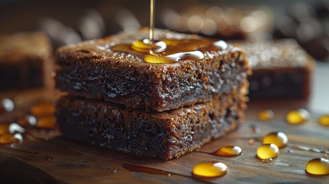 This is an isolated closeup picture of brownie brownies with chocolate syrup on a dark background. It could be used for a restaurant menu poster.