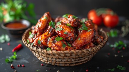 Fototapeta na wymiar Buffalo wings baskets isolated on dark background. Closeup of basket with spicy wings isolated on dark background with natural lighting. Display, whole and side views. Frontal full view. Lifestyle