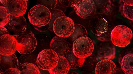 An upclose view of red cells appearing like round crimson jewels against a dark background. - obrazy, fototapety, plakaty