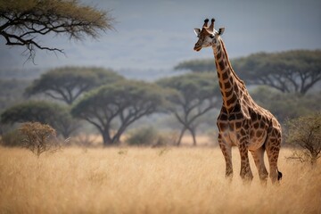 Graceful giraffe standing among African savanna - obrazy, fototapety, plakaty