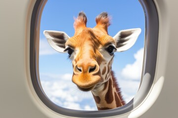 A majestic giraffe with a long neck and distinctive spots curiously peers through in airplane window, blending wildlife with modern travel in a whimsical scene.