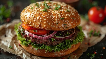 Hamburger for poster or menu. Isolated on dark background. Flat lay. Top. Lifestyle studio shot. Close-up view. with copy space.