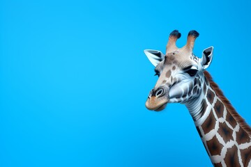 Close-up Portrait of a Majestic Giraffe in Profile View Against a Blue Background, Capturing the Beauty of Wildlife in its Natural Habitat with Amazing Detail and Clarity