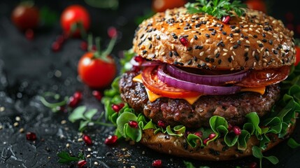 Juicy pork bun burger sandwich with onions, tomato, lettuce. Hamburger for poster or menu. Isolated on dark background. Top view. Studio shot. Close-up. - obrazy, fototapety, plakaty