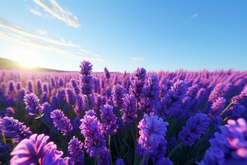 Vivid Purple Lavender Flowers in Full Blossom Set Against a Clear Blue Sky for Backgrounds,...