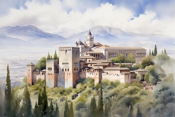 Watercolour painting of Alhambra, Granada, Spain 