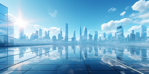empty floor with modern cityscape and blue sky background, 3d render