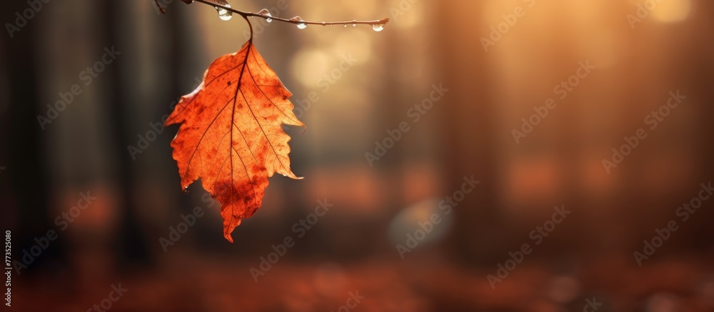Poster a detailed view of a single green leaf suspended from a tree branch within a lush forest environment