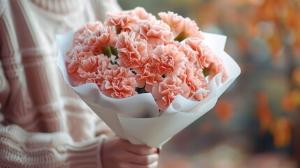 Bouquet of Rose color carnations Wrapped in luxurious white paper Cradle in woman's hands Capture the elegant beauty of a bouquet in stunning detail. Delivering a captivating visual experience