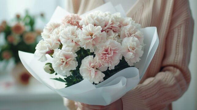 Bouquet of white carnations Wrapped in luxurious white paper Cradle in woman's hands Capture the elegant beauty of a bouquet in stunning detail. Delivering a captivating visual experience