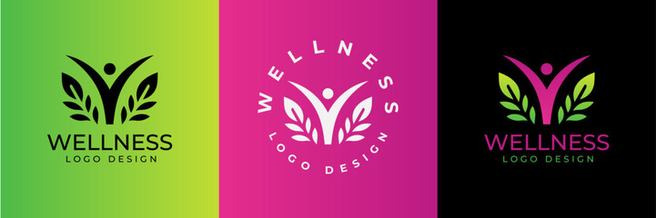 Wellness and healthy logo design. Wellness health spa line icon. Meditation symbol. women and men figure with leaves. 