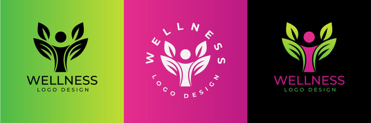 Wellness and healthy logo design. Wellness health spa line icon. Meditation symbol. women and men figure with leaves. 