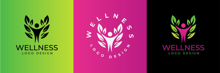 Wellness and healthy logo design. Wellness health spa line icon. Meditation symbol. women and men figure with leaves. 