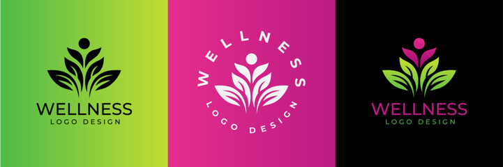 Wellness and healthy logo design. Wellness health spa line icon. Meditation symbol. women and men figure with leaves. 