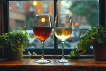 Exquisite wine glasses arranged elegantly on a table, inviting a moment of indulgence and relaxation. Inviting wine set amidst beautiful lighting, perfect for romantic dinner or celebratory gathering