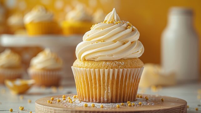 An imaginative food composition of a butter cupcake muffin and cream frosting sprinkles on a yellow background. This template can be used to display a product presentation. Copy text space banner.