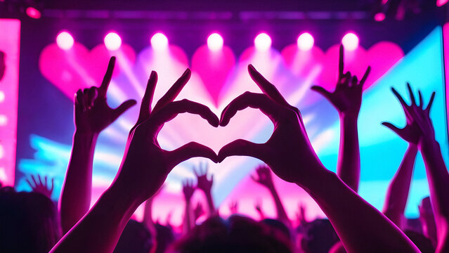K-Pop Devotion: Fans Shower Love with Heart Gestures at Concert. generative AI