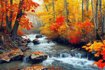 A serene autumn landscape with a river flowing through colorful trees.