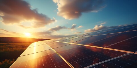 Solar panels on the background of a beautiful sunset. 3d rendering