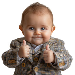 Baby wearing cute neat suit with thumbs up, concept of agreeing and approving. For business, background, blog, web etc - obrazy, fototapety, plakaty