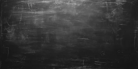 Deurstickers School blackboard texture. Black stone or slate textured background. Black chalk board texture background. Chalkboard, blackboard, school board surface with scratches and chalk traces. Wide banner. © Konstantin