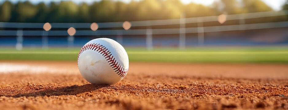 A baseball resting on the pitcher's mound in an empty stadium. Panorama with copy space.