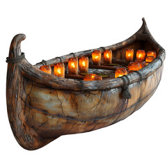 Traditional fishing wooden canoe with dimly lit lantern, empty background