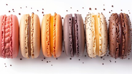 An assorted variety of colors of macaroon macarons, cutout on white background. Photographic mockup template for artwork. - obrazy, fototapety, plakaty