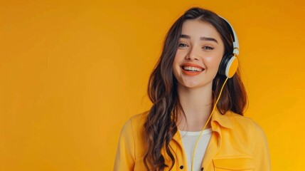 beautiful girl with headphones customer service concept on yellow background