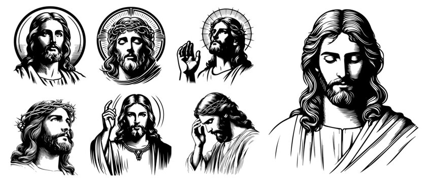 Jesus portrait collection set, vector illustration silhouette for laser cutting cnc, engraving, religious icon, black clipart