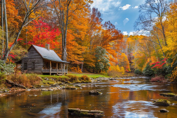 A serene autumn scene with a rustic cabin nestled among colorful trees beside a tranquil river.