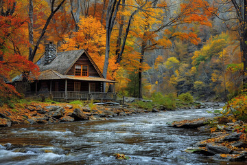 A serene autumn scene with a rustic cabin nestled among colorful trees beside a tranquil river. - obrazy, fototapety, plakaty